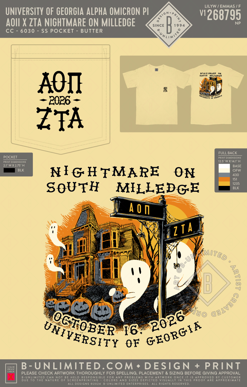 University of Georgia Zeta Tau Alpha - ZTA x AOII Nightmare on Milledge - CC - 6030 - SS Pocket - Butter