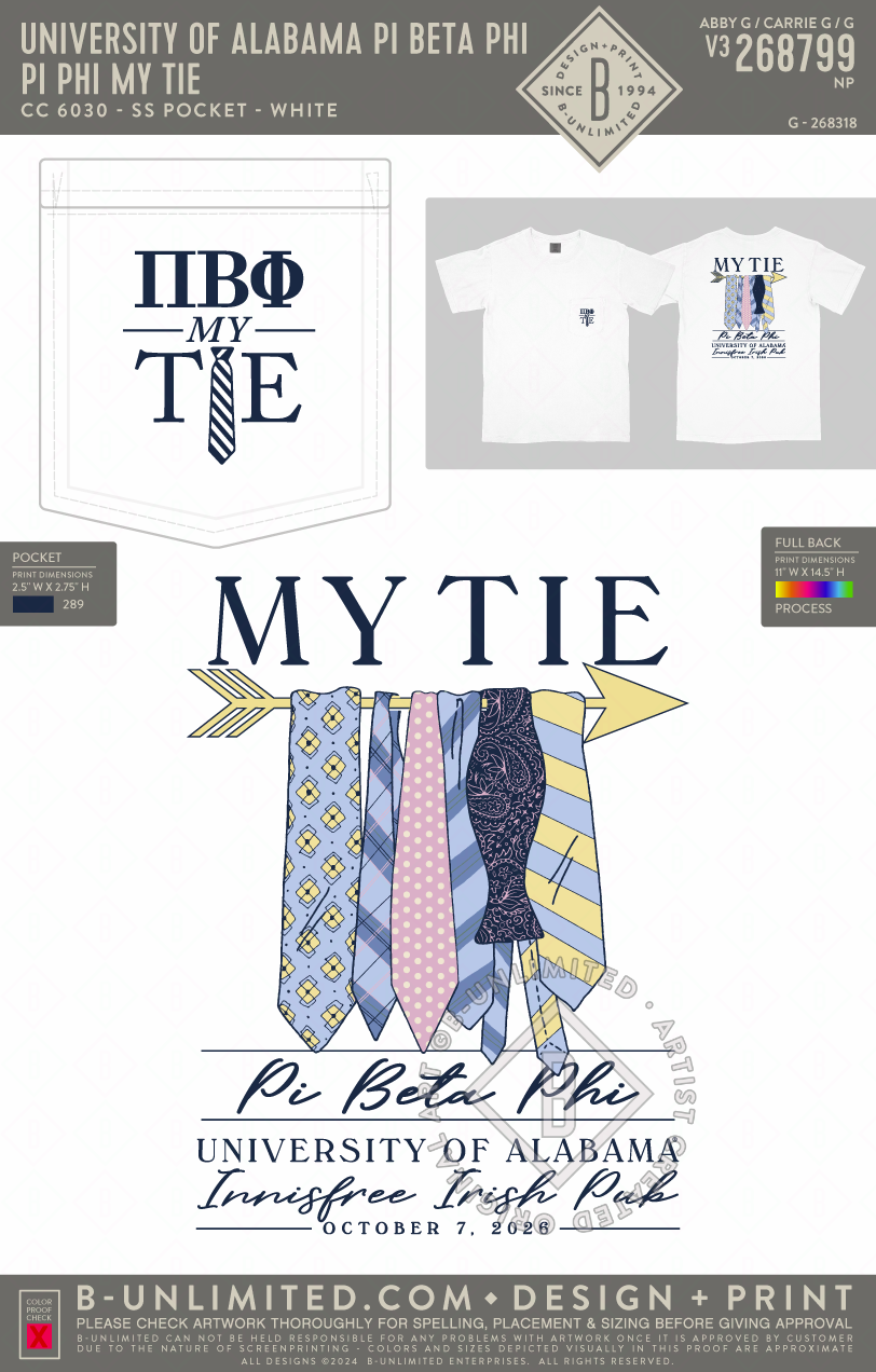 University of Alabama Pi Beta Phi - Pi Phi My Tie - CC - 6030 - SS Pocket - White