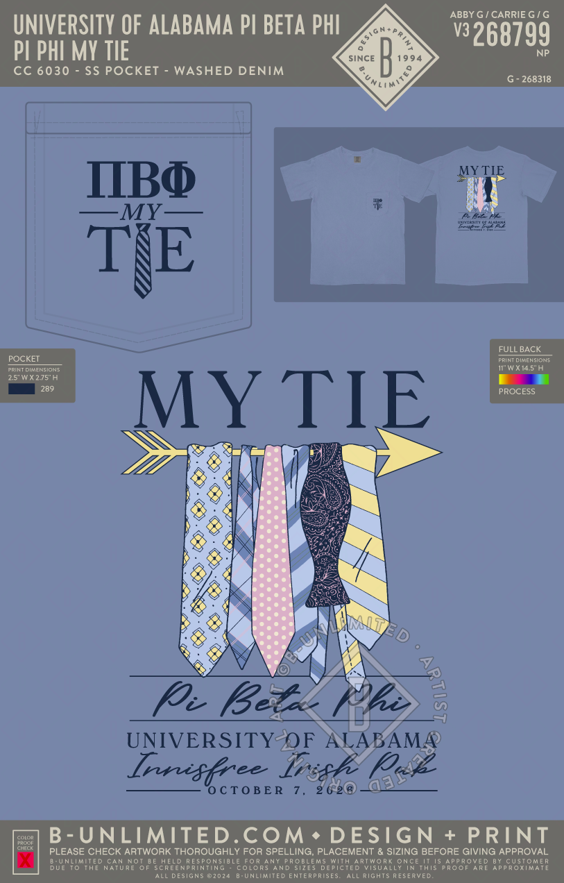 University of Alabama Pi Beta Phi - Pi Phi My Tie - CC - 6030 - SS Pocket - Washed Denim