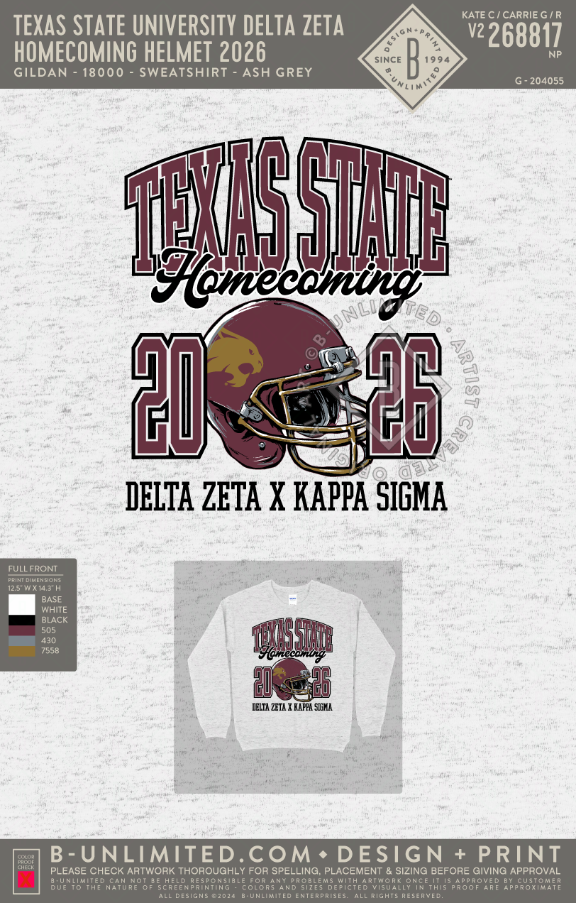 Texas State University Delta Zeta - Homecoming Helmet 2026 - Gildan - 18000 - Crewneck Sweatshirt - Ash Grey