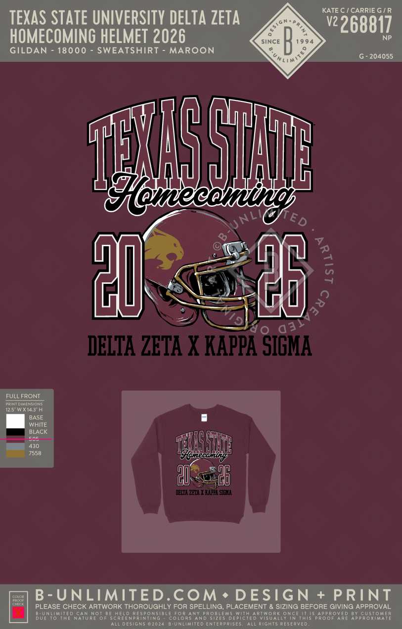 Texas State University Delta Zeta - Homecoming Helmet 2026 - Gildan - 18000 - Crewneck Sweatshirt - Maroon