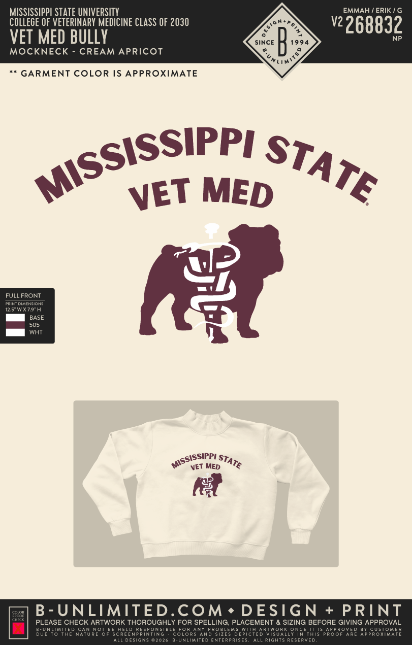 Mississippi State University College of Veterinary Medicine Class of 2030 - Vet Med Bully - Tap Stitch - WW0004-P001-V2 - Mockneck Crewneck Sweatshirt - Cream Apricot