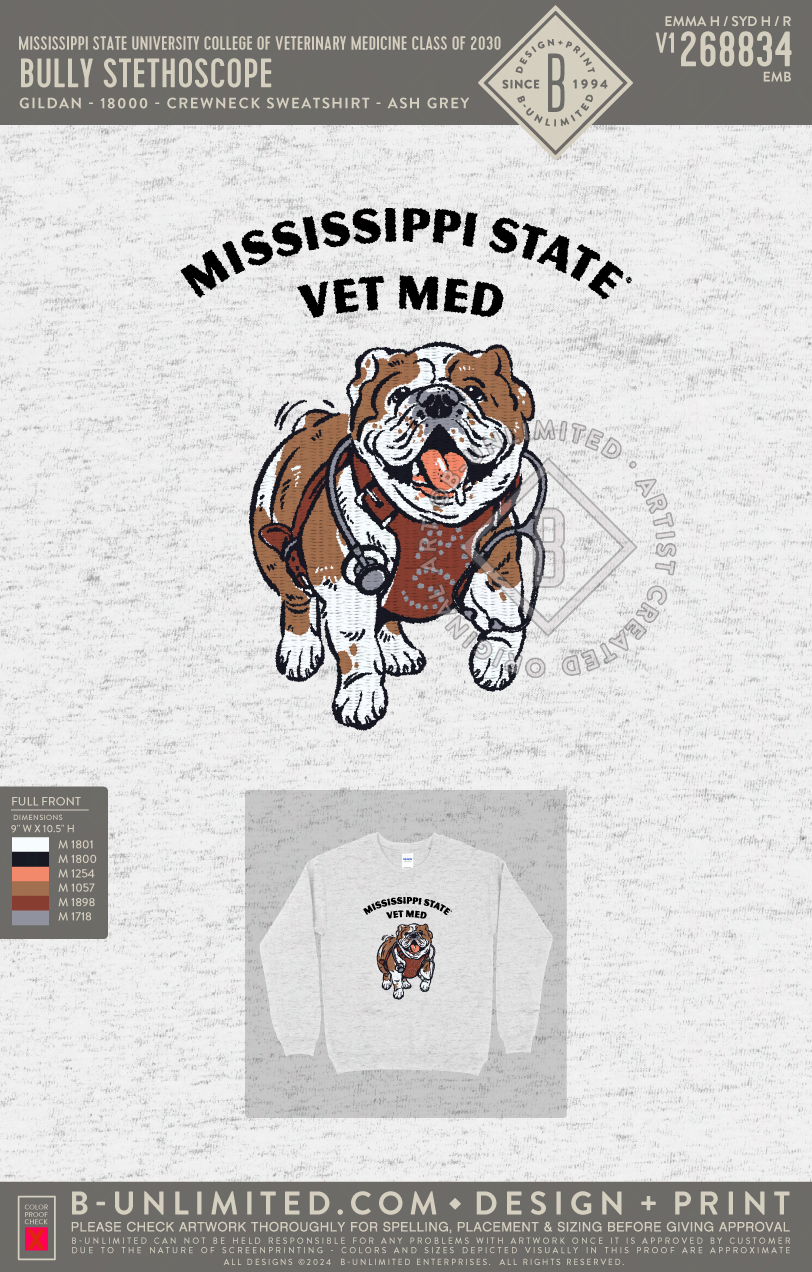 Mississippi State University College of Veterinary Medicine Class of 2030 - Bully Stethoscope - Gildan - 18000 - Crewneck Sweatshirt - Ash Grey