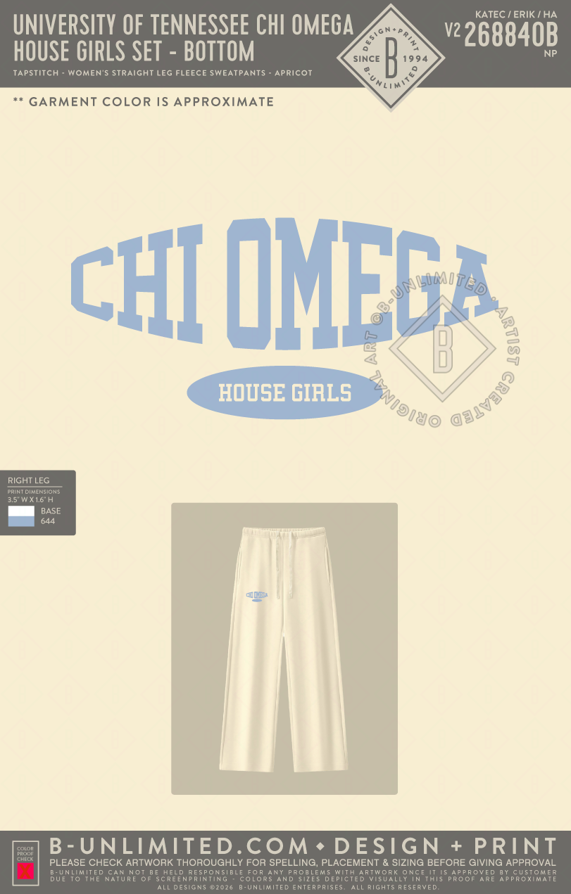 University of Tennessee Chi Omega - House Girls Set - Bottom - Tap Stitch - WB0133-P001-V2 - Women's Straight Leg Fleece Sweatpants - Cream Apricot
