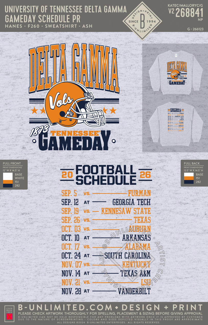 University of Tennessee Delta Gamma - Gameday Schedule PR - Hanes - F260 - Sweatshirt - Ash