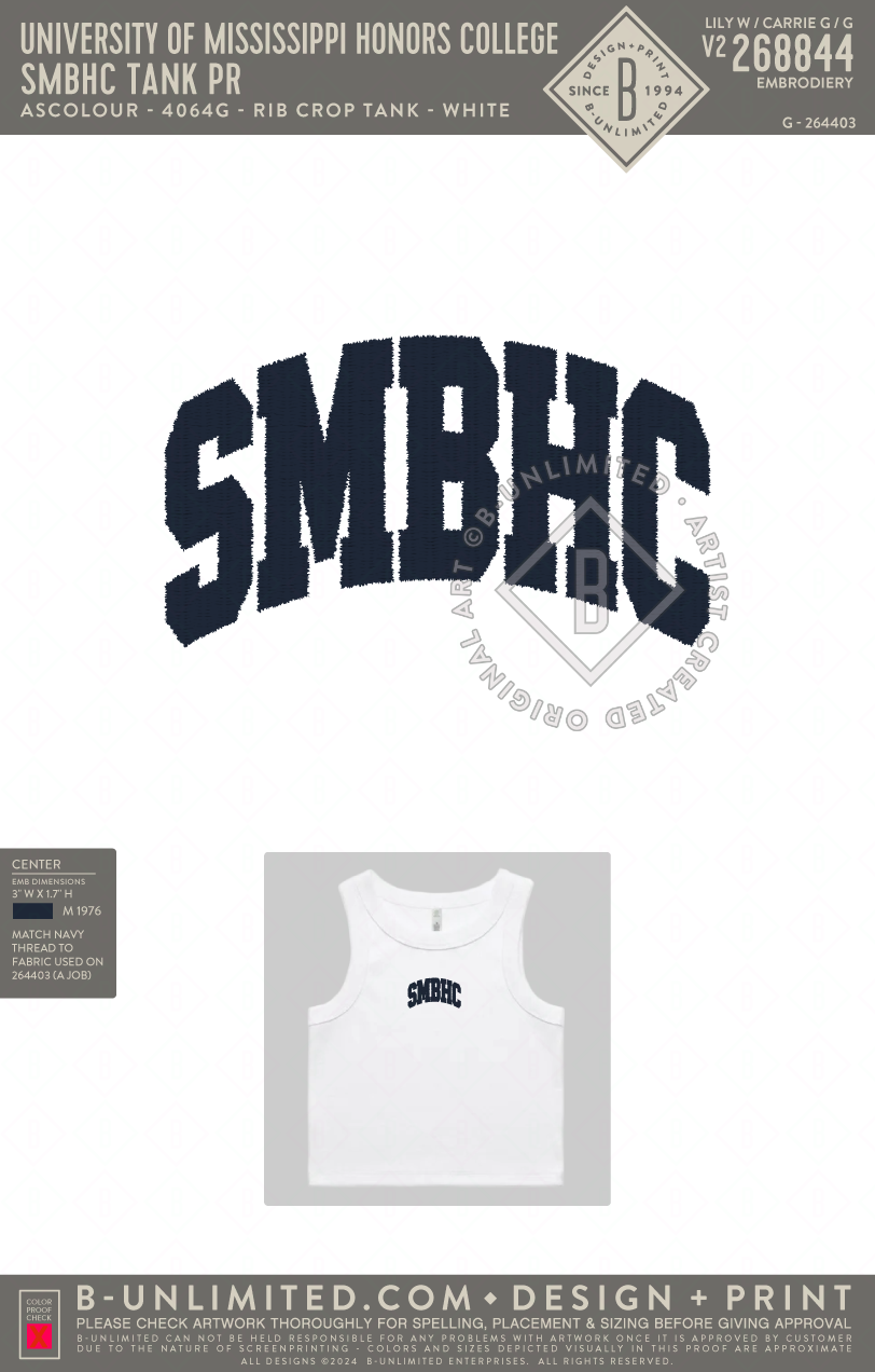 University of Mississippi Honors College - SMBHC Tank PR - ASColour - 4064G - Rib Crop Tank - White