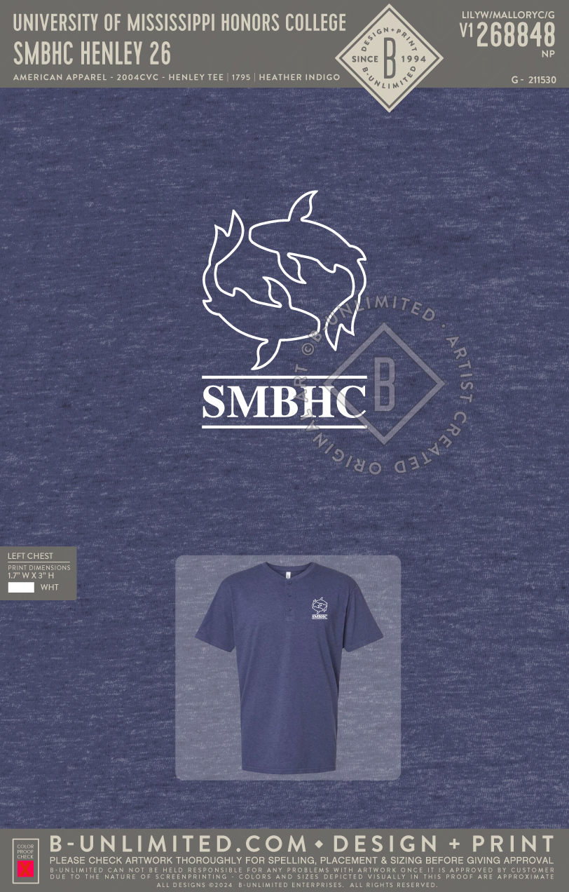 University of Mississippi Honors College - SMBHC Henley 26 - American Apparel - 2004CVC - Henley Tee - Heather Indigo