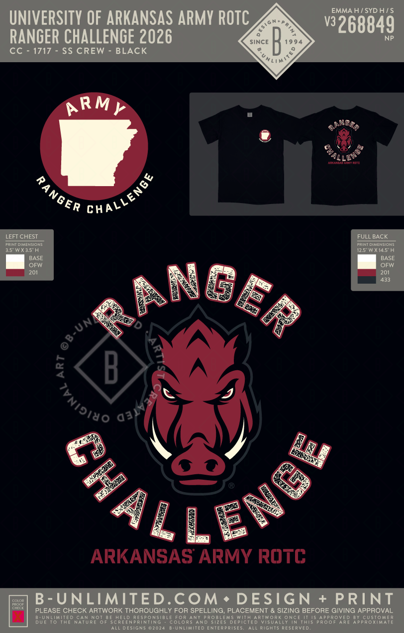 University of Arkansas Army ROTC - Ranger Challenge 2026 - CC - 1717 - SS Crew - Black