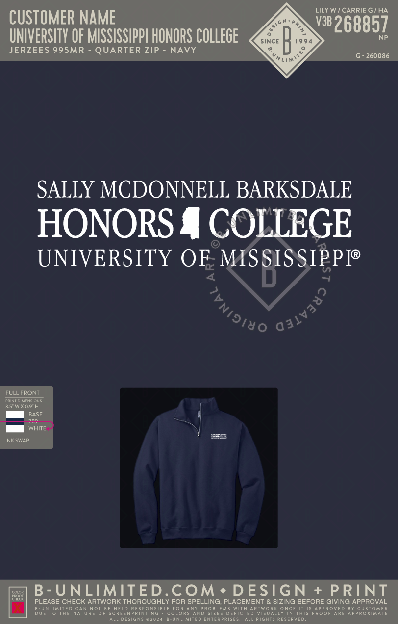 University of Mississippi Honors College - SMBHC 1/4 Zip 2026 - Jerzees - 995MR - 1/4 Zip Pullover - J. Navy