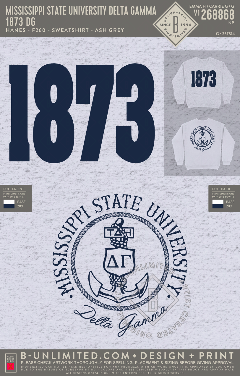 Mississippi State University Delta Gamma - 1873 DG - Hanes - F260 - Sweatshirt - Ash