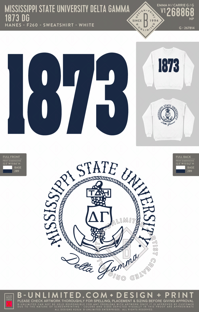 Mississippi State University Delta Gamma - 1873 DG - Hanes - F260 - Sweatshirt - White