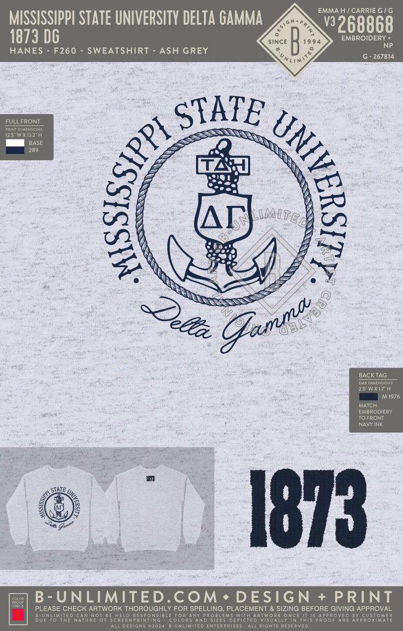 Mississippi State University Delta Gamma - 1873 DG - Hanes - F260 - Sweatshirt - Ash