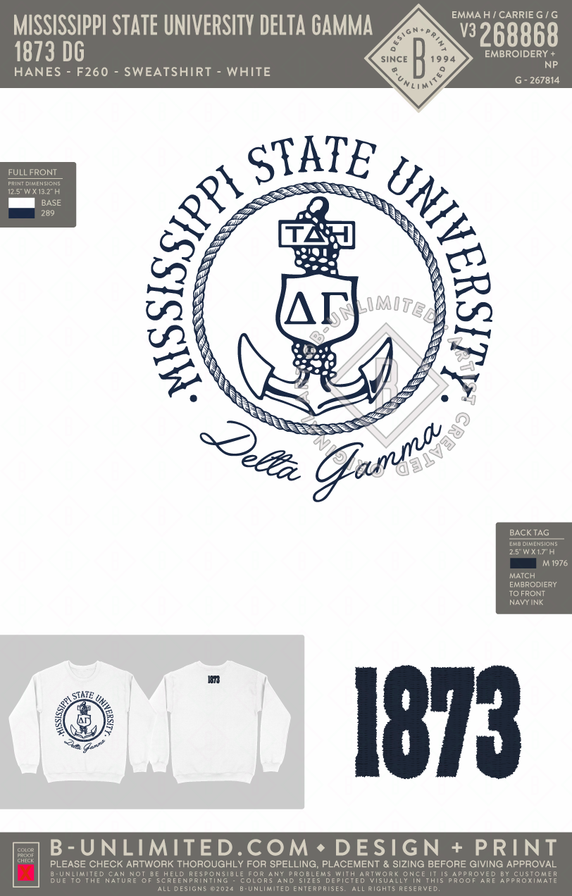 Mississippi State University Delta Gamma - 1873 DG - Hanes - F260 - Sweatshirt - White