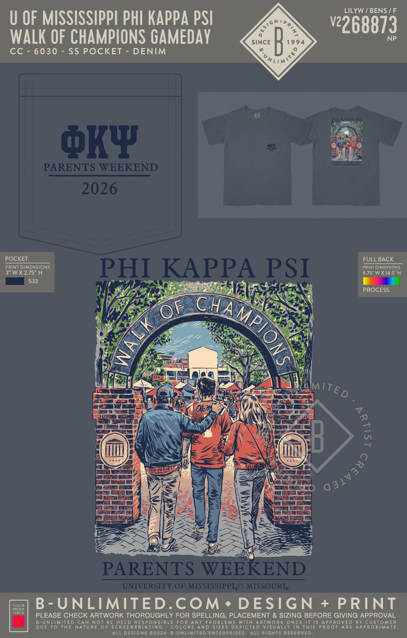 University of Mississippi Phi Kappa Psi - Walk of Champions Gameday - CC - 6030 - SS Pocket - Denim