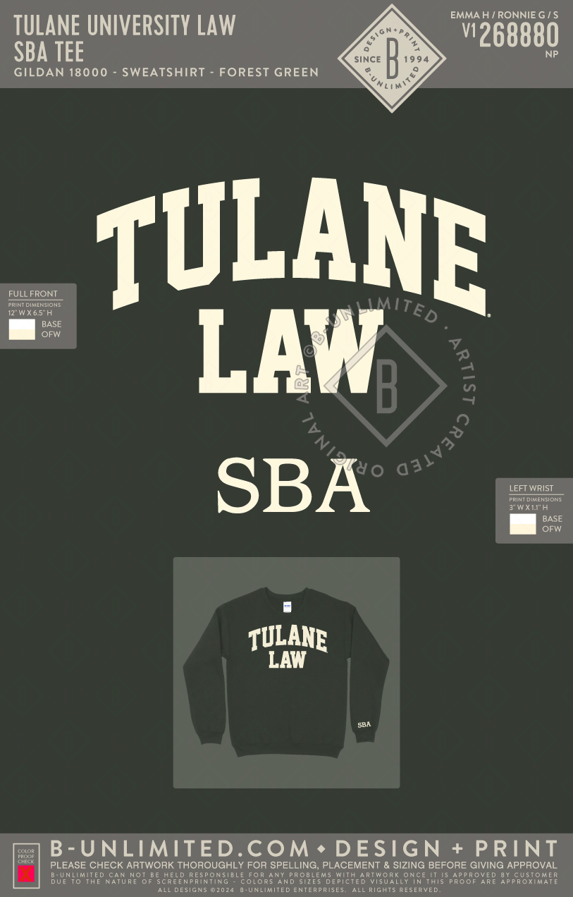 Tulane University Law - SBA Tee - Gildan - 18000 - Crewneck Sweatshirt - Forest Green