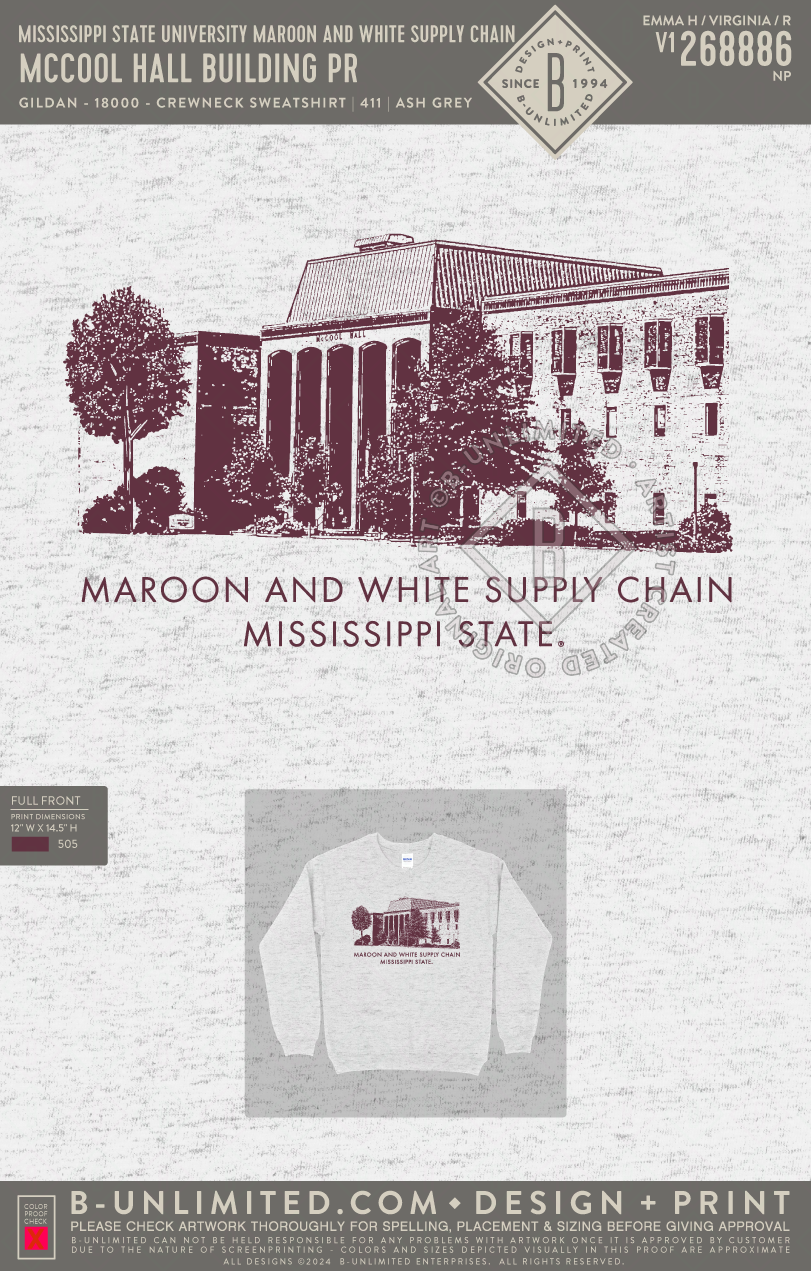 Mississippi State University Maroon and White Supply Chain - McCool Hall Building PR - Gildan - 18000 - Crewneck Sweatshirt - Ash Grey