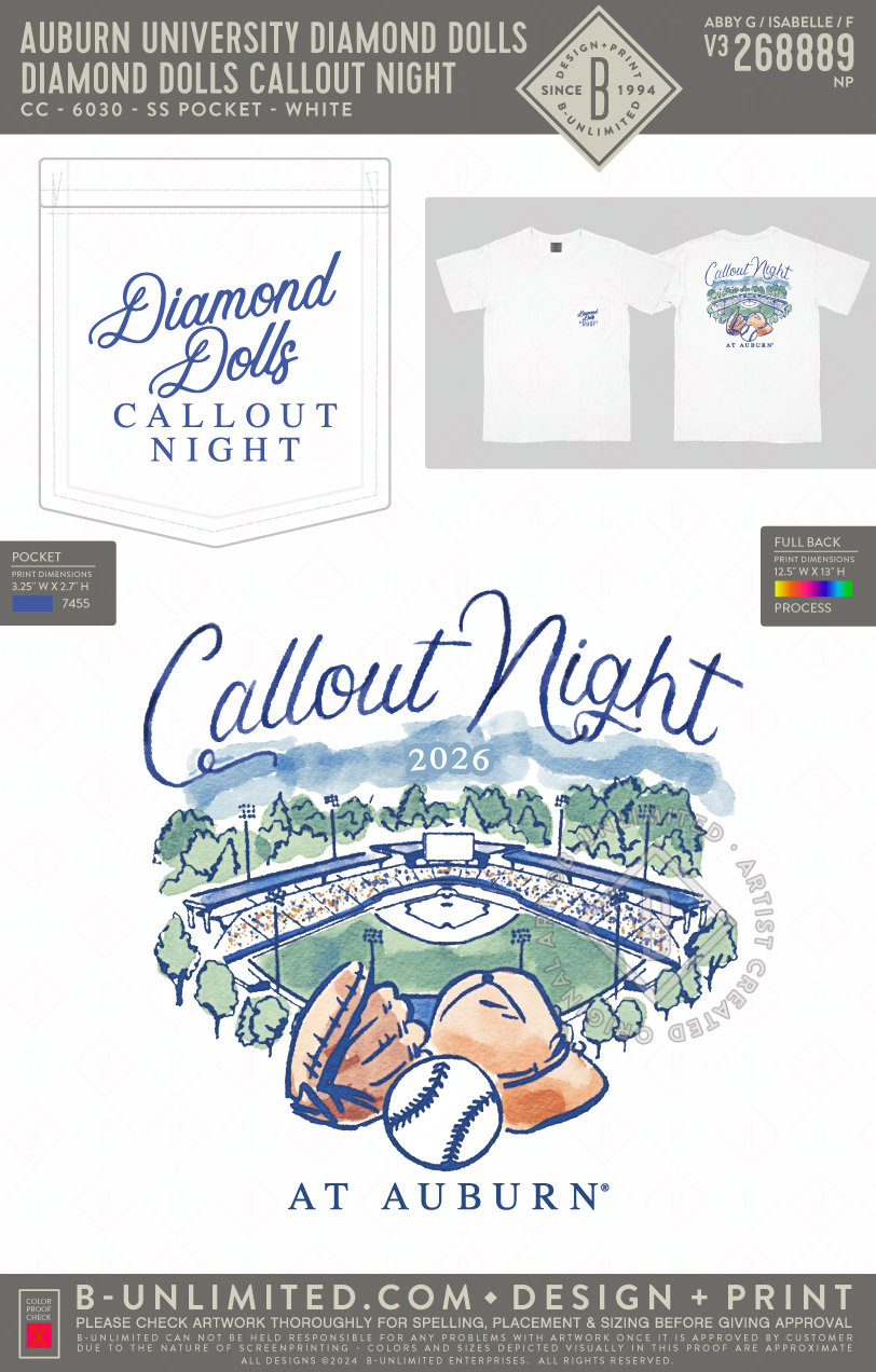 Auburn University Diamond Dolls - Diamond Dolls Callout Night - CC - 6030 - SS Pocket - White