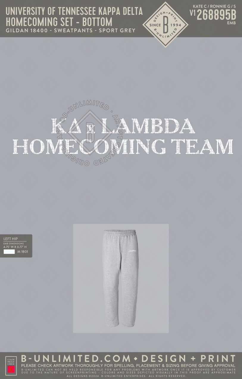 University of Tennessee Kappa Delta - Homecoming Set - Bottom - Gildan - 18400 - Open Bottom Sweatpants - Sport Grey