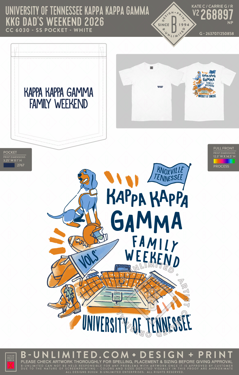 University of Tennessee Kappa Kappa Gamma - KKG Dad's Weekend 2026 - CC - 6030 - SS Pocket - White