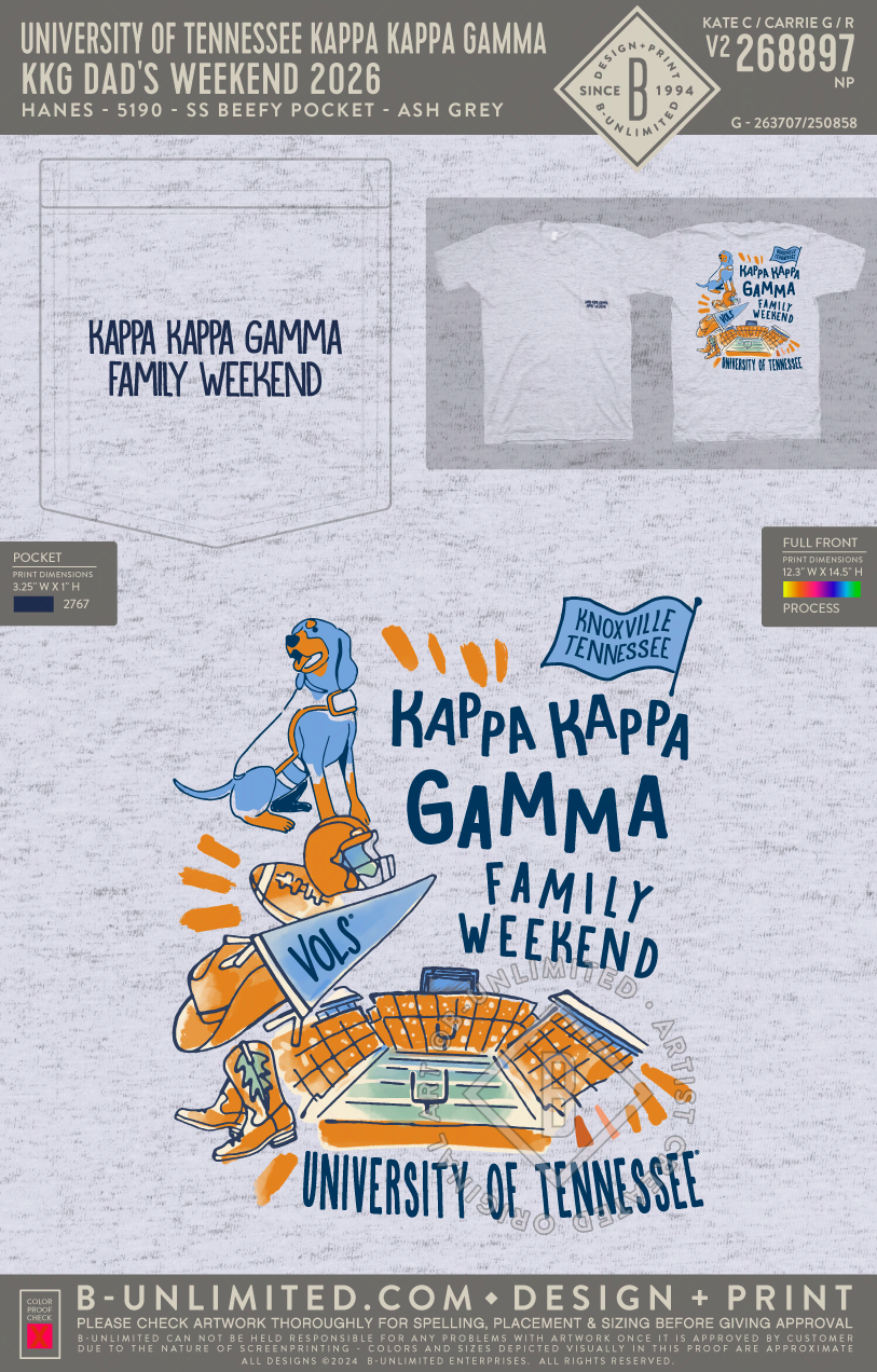 University of Tennessee Kappa Kappa Gamma - KKG Dad's Weekend 2026 - Hanes - 5190 - SS Beefy Pocket - Ash