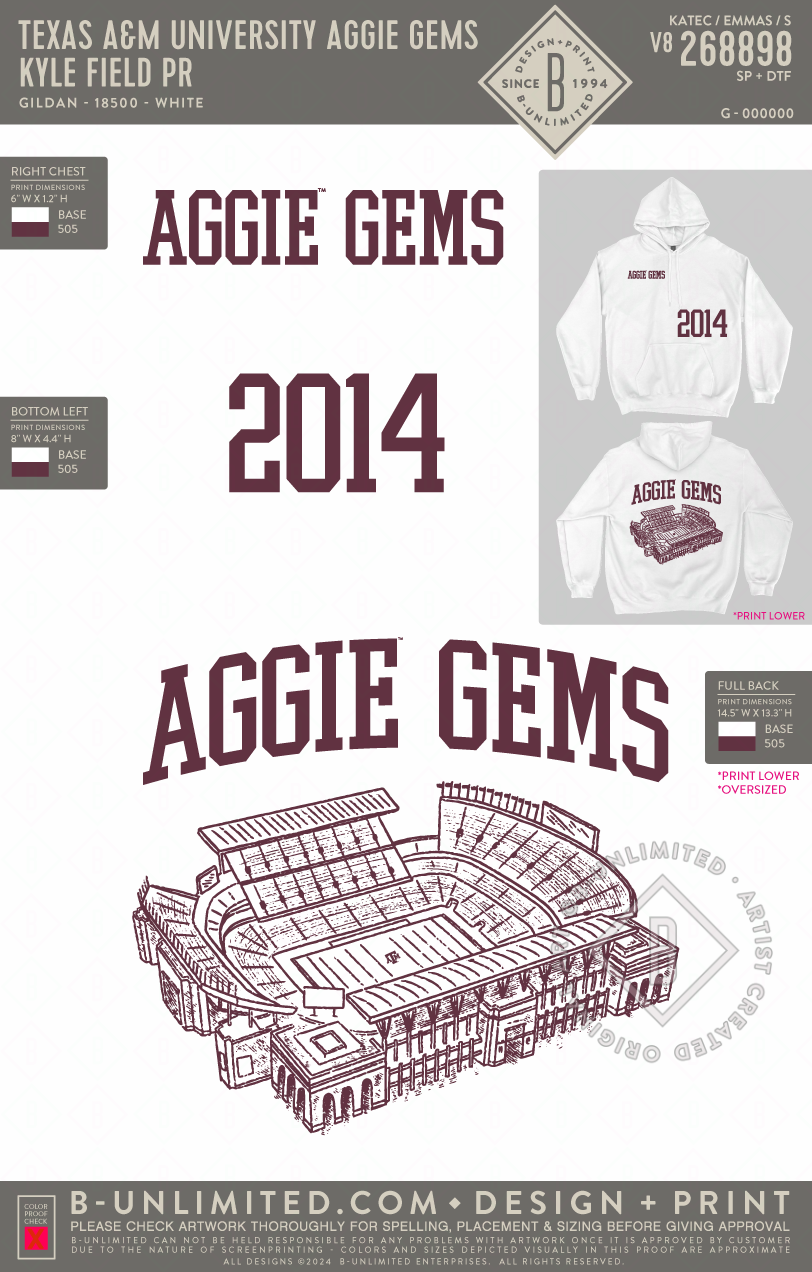 Texas A&M University Aggie Gems - Kyle Field PR - Gildan - 18500 - Hoodie - White