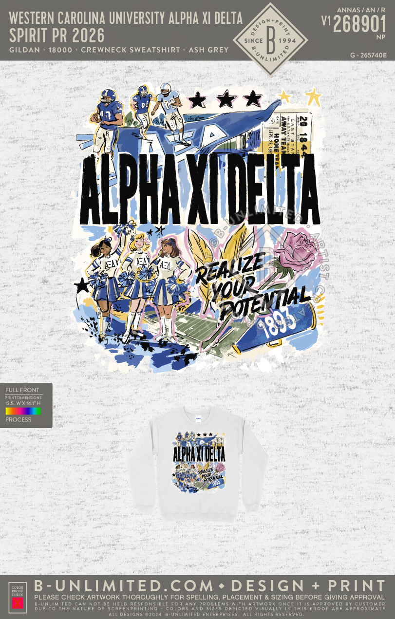 Western Carolina University Alpha Xi Delta - Spirit PR 2026 - Gildan - 18000 - Crewneck Sweatshirt - Ash Grey