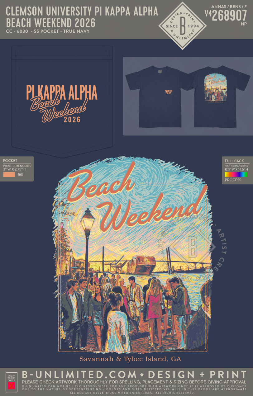 Clemson University Pi Kappa Alpha - Beach Weekend 2026 - CC - 6030 - SS Pocket - True Navy