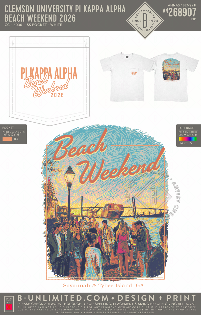 Clemson University Pi Kappa Alpha - Beach Weekend 2026 - CC - 6030 - SS Pocket - White