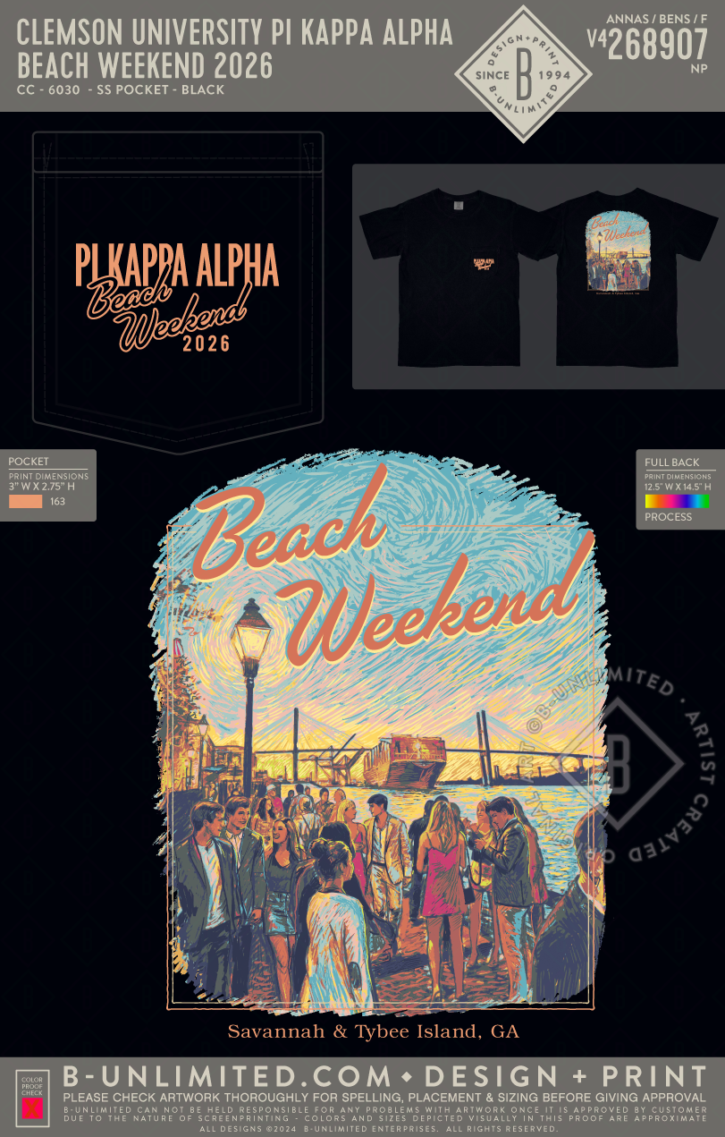 Clemson University Pi Kappa Alpha - Beach Weekend 2026 - CC - 6030 - SS Pocket - Black
