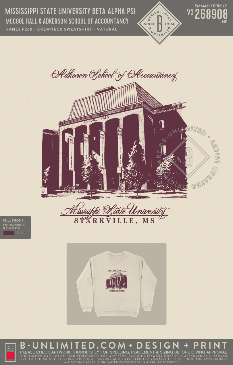 Mississippi State University Beta Alpha Psi - McCool Hall x Adkerson School of Accountancy - Hanes - F260 - Sweatshirt - Natural