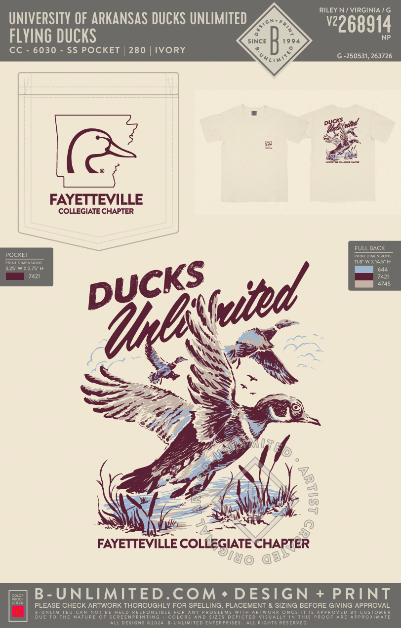 University of Arkansas Ducks Unlimited - Flying Ducks - CC - 6030 - SS Pocket - Ivory