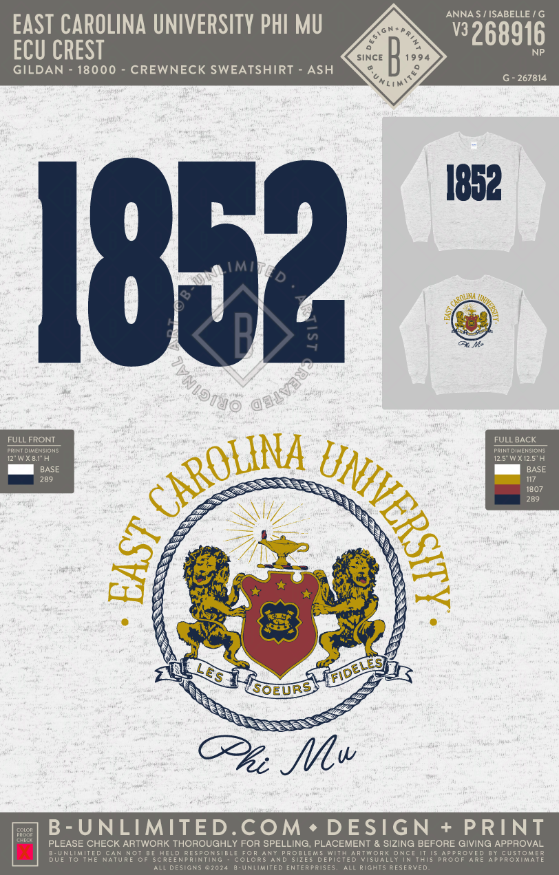 East Carolina University Phi Mu - ECU Crest - Gildan - 18000 - Crewneck Sweatshirt - Ash Grey