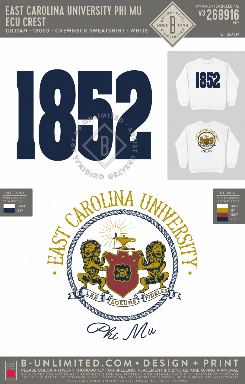East Carolina University Phi Mu - ECU Crest - Gildan - 18000 - Crewneck Sweatshirt - White