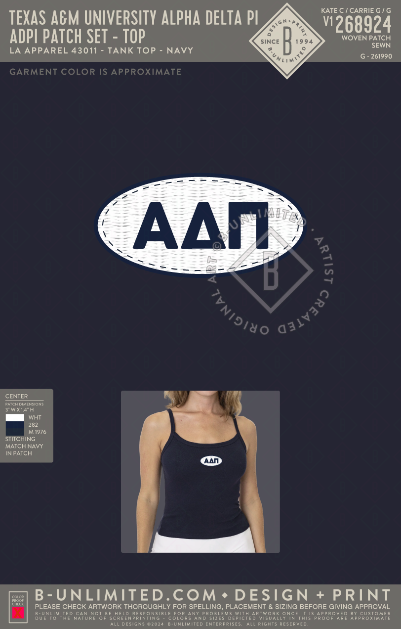 Texas A&M University Alpha Delta Pi - ADPI Patch Set - Top - LA Apparel - 43011 - Tank Top - Navy