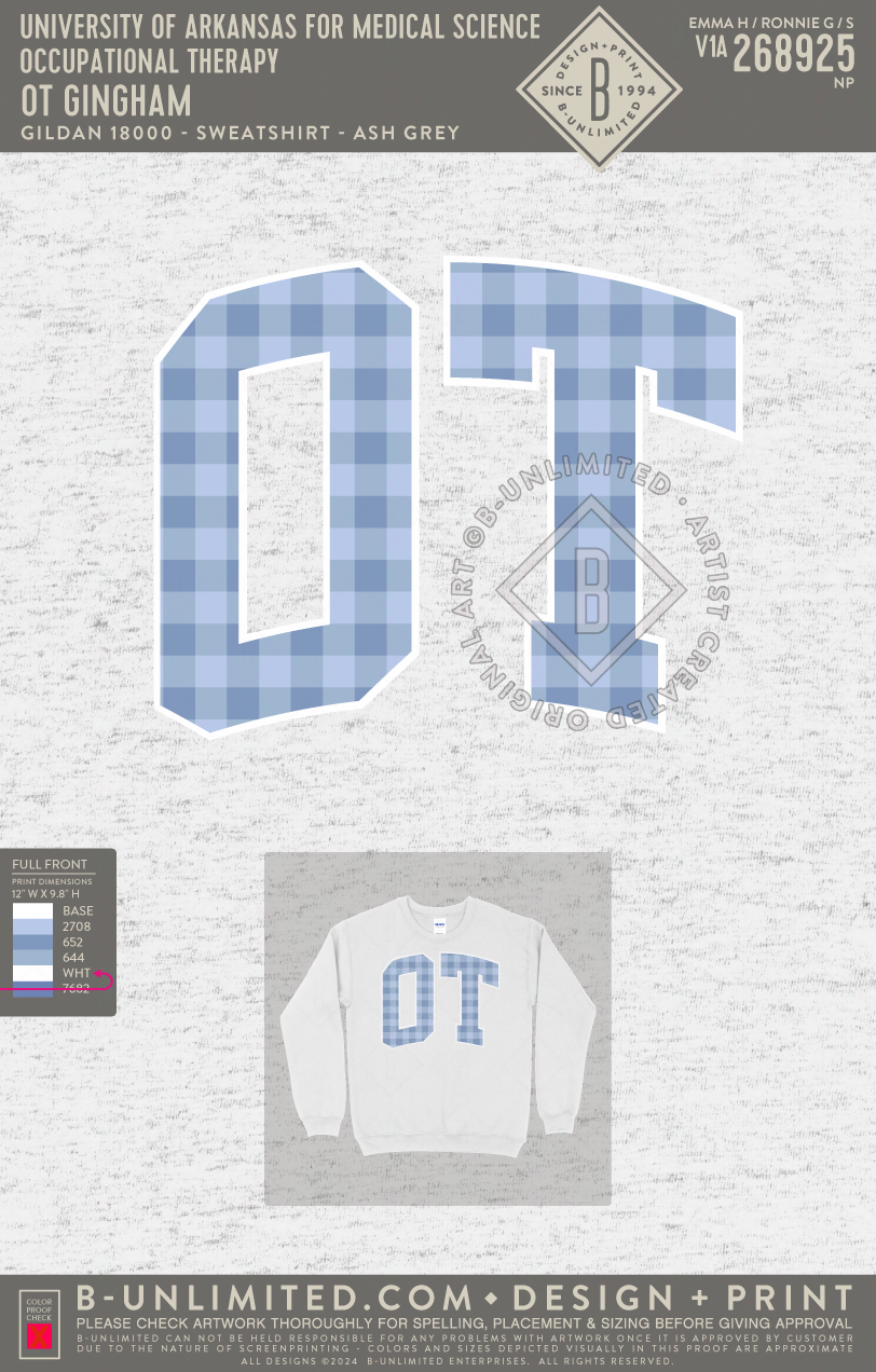 University of Arkansas for Medical Science Occupational Therapy - OT Gingham - Gildan - 18000 - Crewneck Sweatshirt - Ash Grey