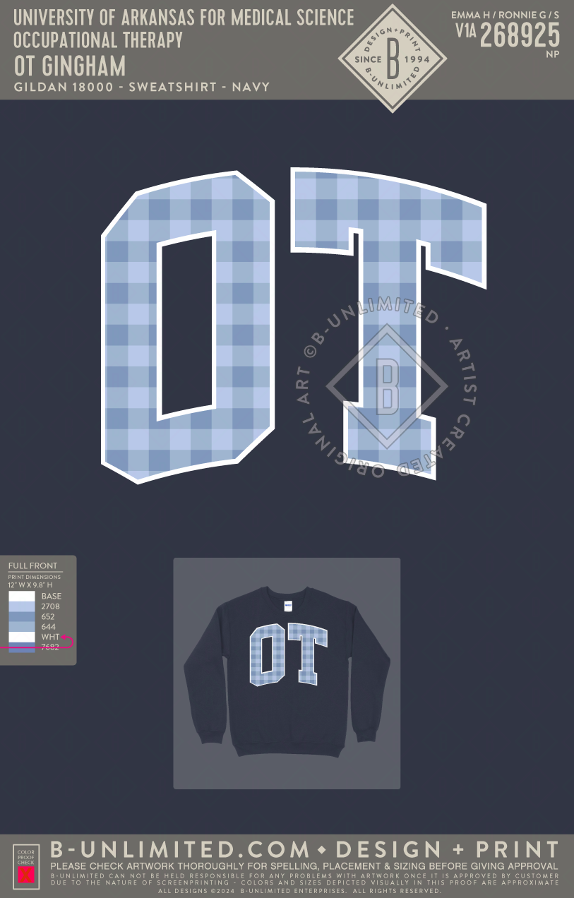 University of Arkansas for Medical Science Occupational Therapy - OT Gingham - Gildan - 18000 - Crewneck Sweatshirt - Navy