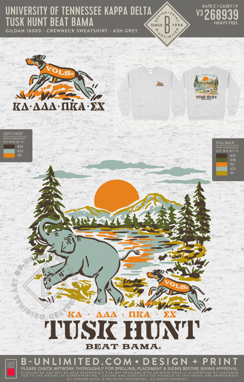 University of Tennessee Kappa Delta - Tusk Hunt Beat Bama - Gildan - 18000 - Crewneck Sweatshirt - Ash Grey