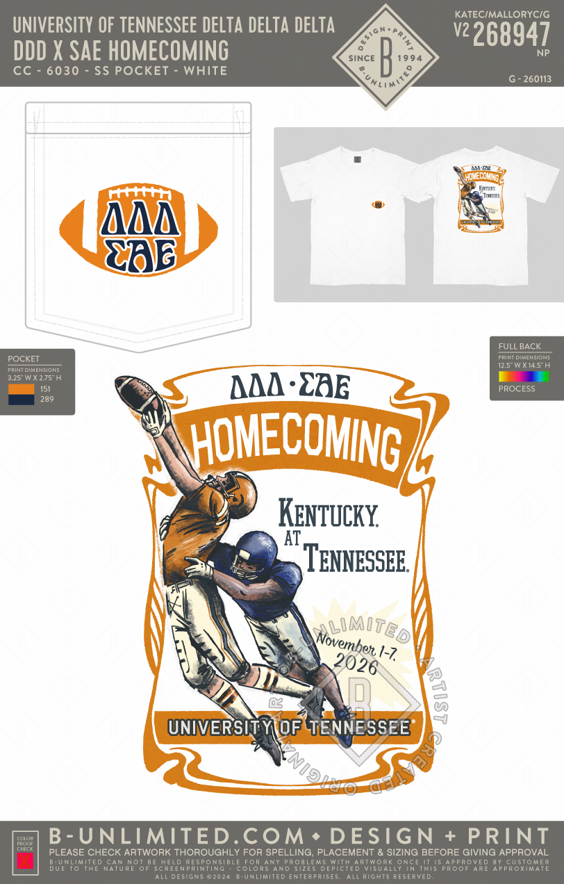University of Tennessee Delta Delta Delta - DDD x SAE Homecoming - CC - 6030 - SS Pocket - White