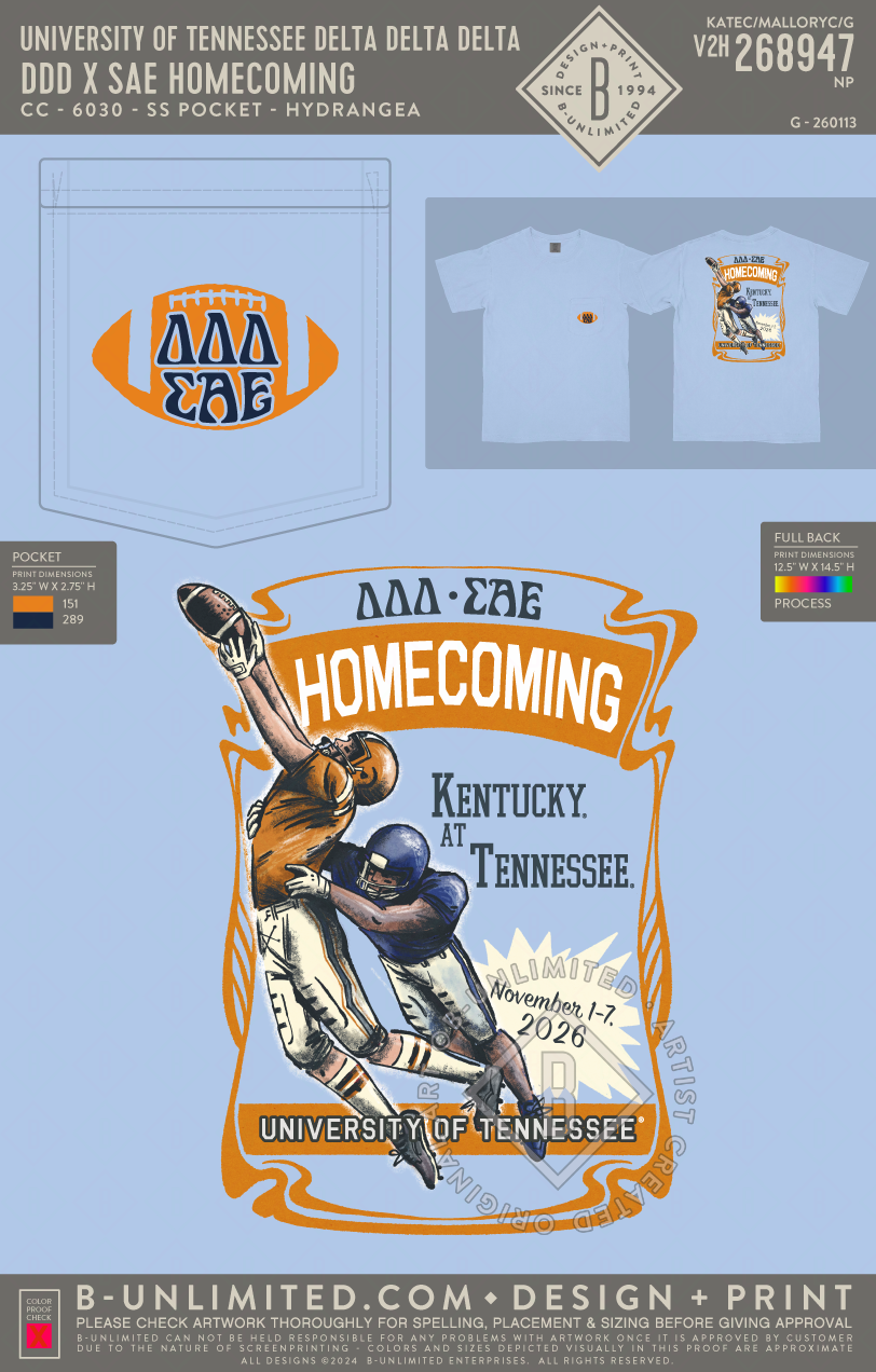 University of Tennessee Delta Delta Delta - DDD x SAE Homecoming - CC - 6030 - SS Pocket - Hydrangea
