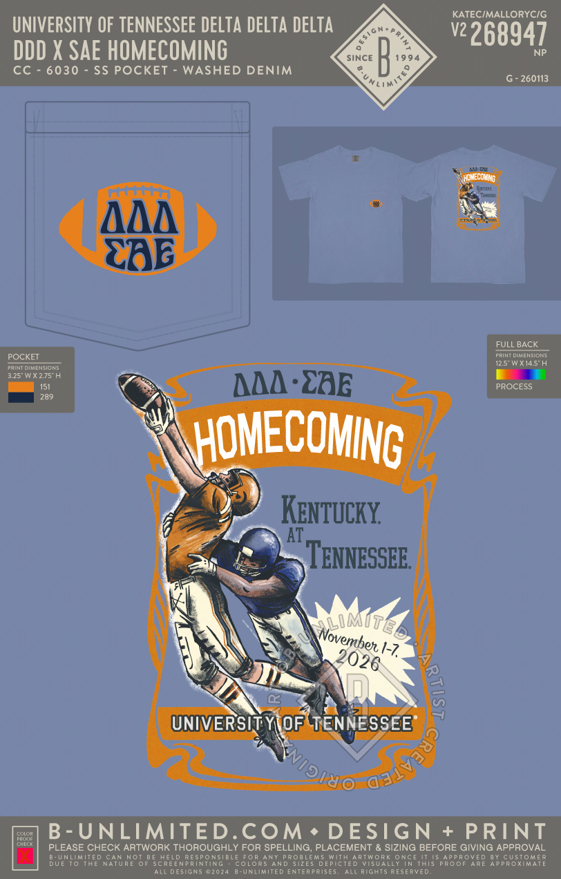 University of Tennessee Delta Delta Delta - DDD x SAE Homecoming - CC - 6030 - SS Pocket - Washed Denim