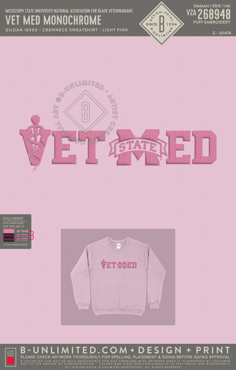 Mississippi State University National Association for Black Veterinarians - Vet Med Monochrome - Gildan - 18000 - Crewneck Sweatshirt - Light Pink