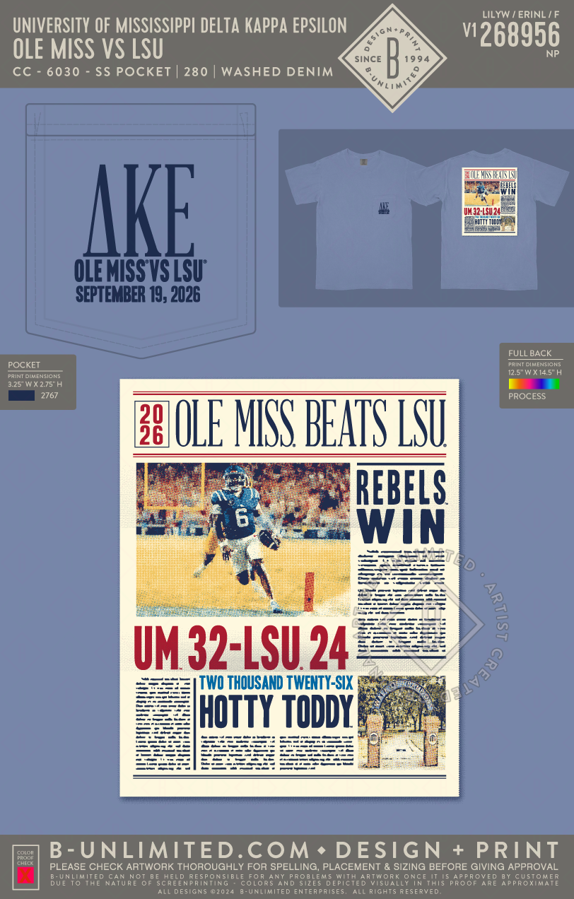 University of Mississippi Delta Kappa Epsilon - Ole miss vs LSU - CC - 6030 - SS Pocket - Washed Denim
