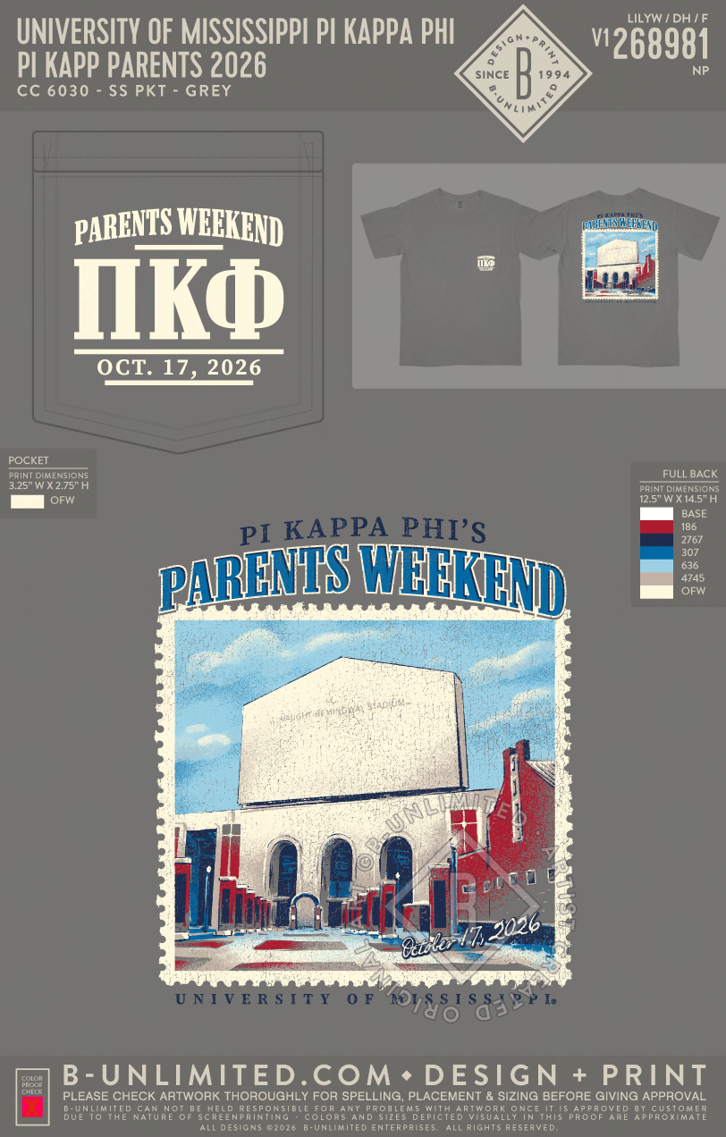 University of Mississippi Pi Kappa Phi - Pi Kapp Parents 2026 - CC - 6030 - SS Pocket - Grey