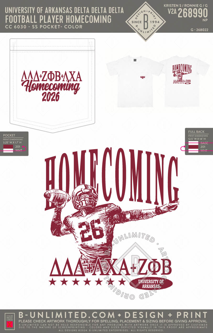 University of Arkansas Delta Delta Delta - Football Player Homecoming - CC - 6030 - SS Pocket - White