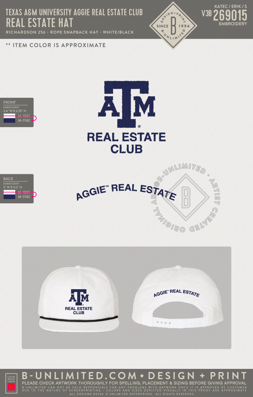 Texas A&M University Aggie Real Estate Club - Real Estate Hat - Richardson - 256 - Rope Snapback Hat - White/Black