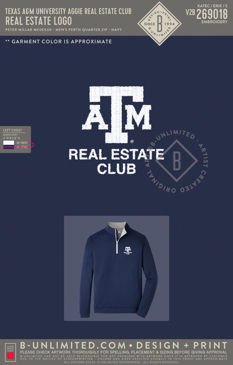 Texas A&M University Aggie Real Estate Club - Real Estate Logo - Peter Millar - ME0EK40 - Perth Stretch Loop Terry Quarter Zip - Navy