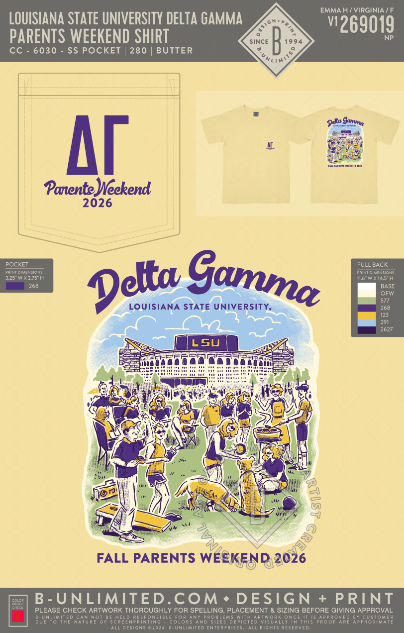 Louisiana State University Delta Gamma - Parents weekend shirt - CC - 6030 - SS Pocket - Butter