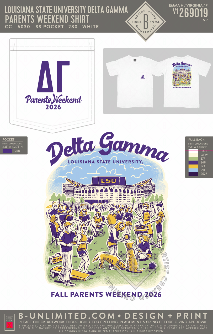 Louisiana State University Delta Gamma - Parents weekend shirt - CC - 6030 - SS Pocket - White