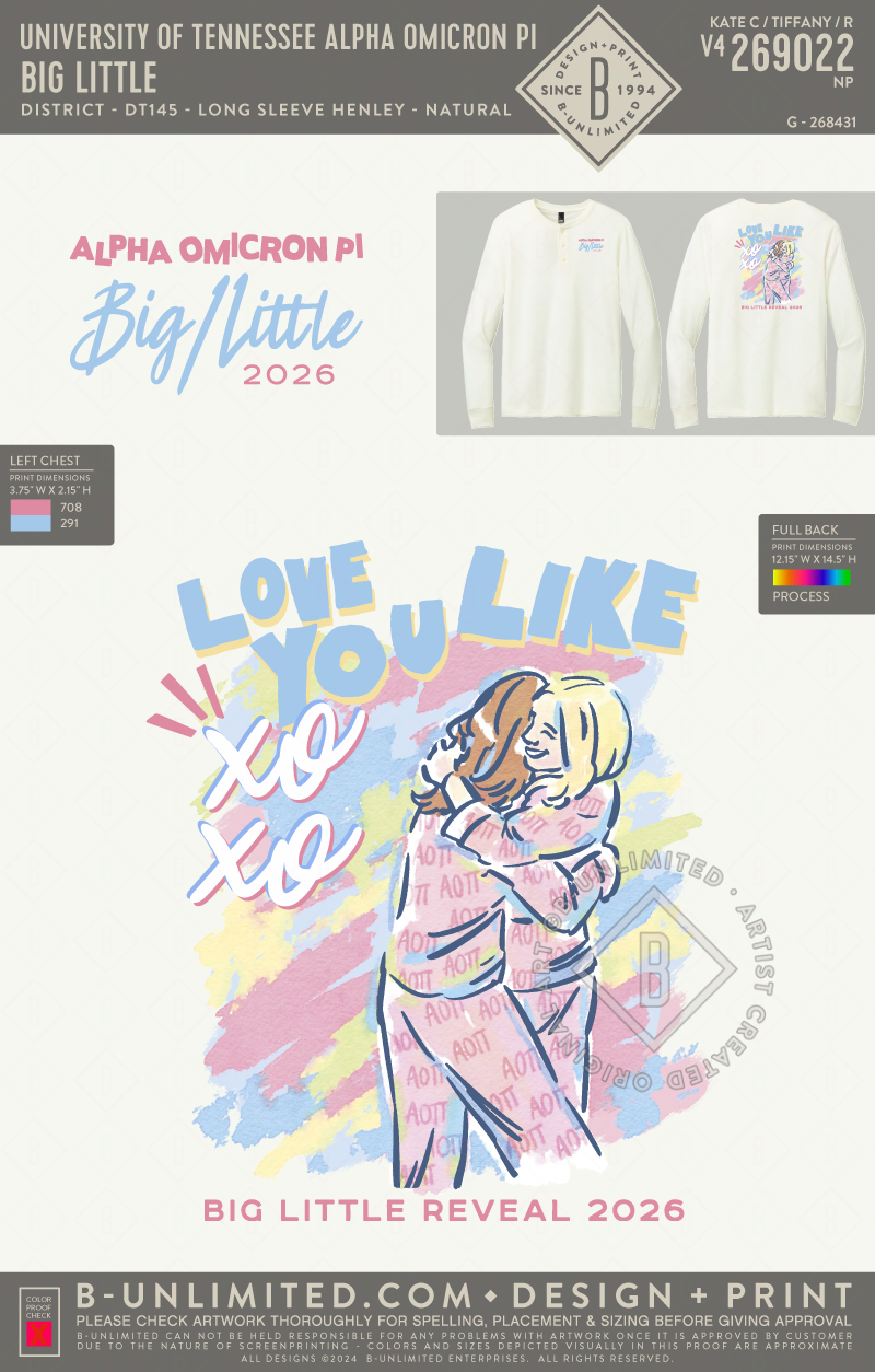 University of Tennessee Alpha Omicron Pi - Big Little - District - DT145 - Perfect Tri Long Sleeve Henley - Natural