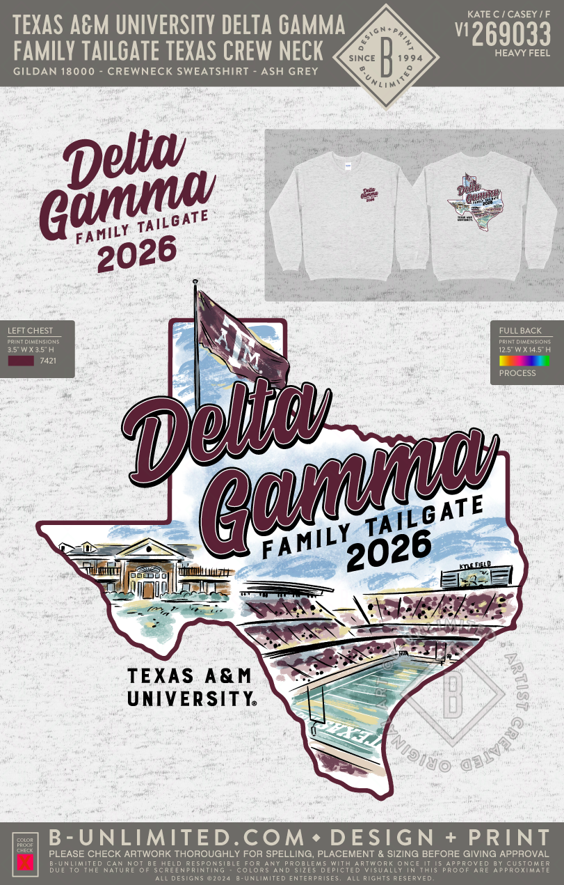 Texas A&M University Delta Gamma - Family Tailgate Texas Crew Neck - Gildan - 18000 - Crewneck Sweatshirt - Ash Grey